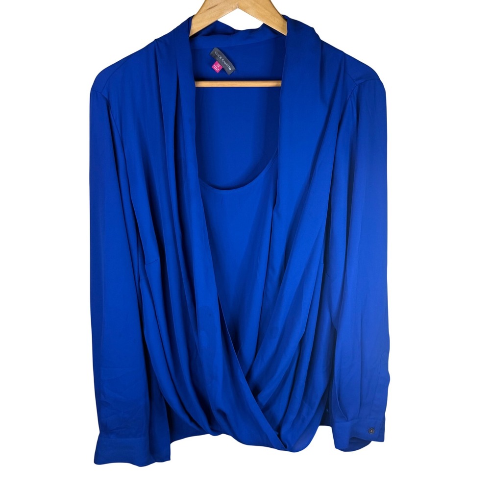 Vince Camuto 3X Royal Blue Draped Front Long Sleeve Blouse‎ Top Plus Size 3X